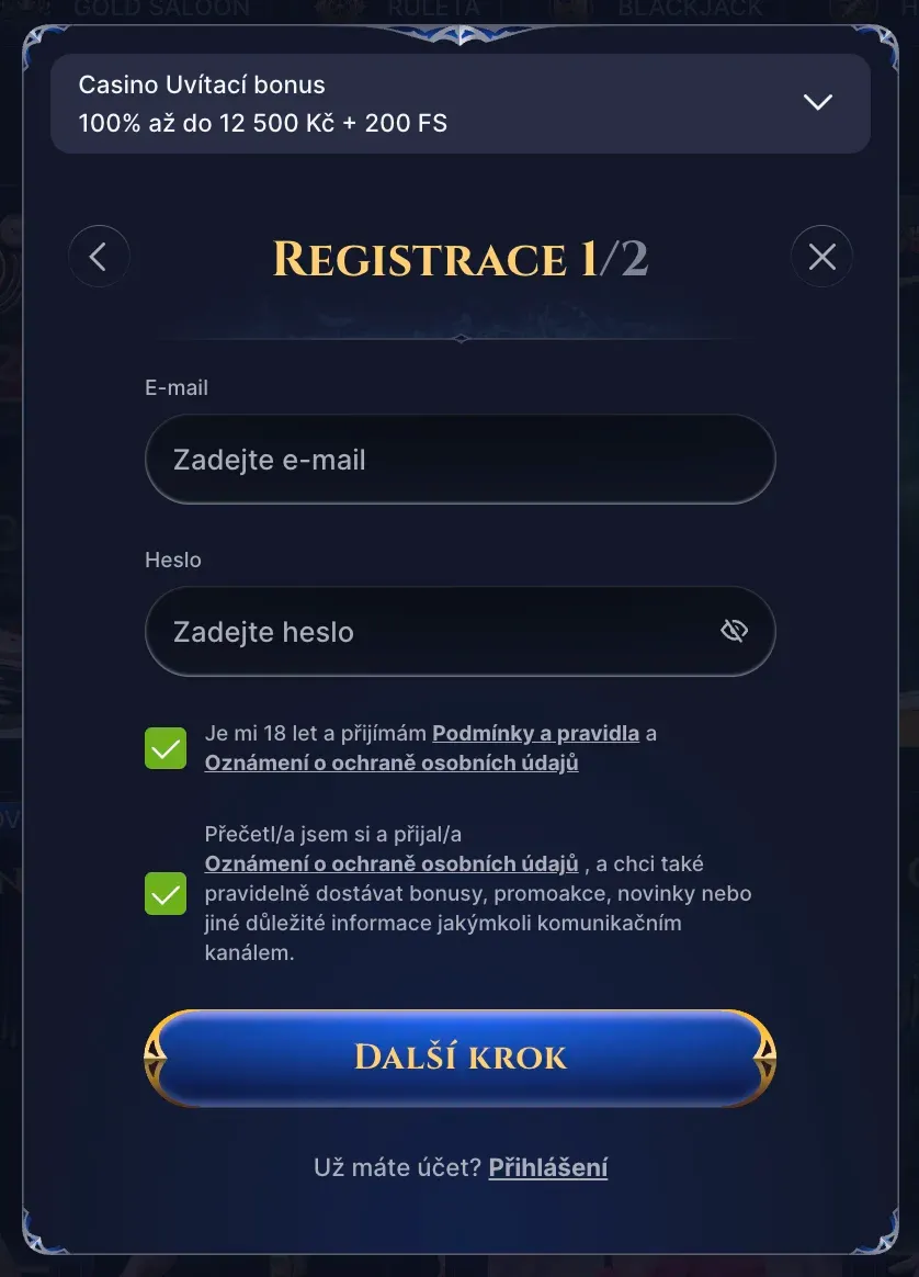 Registrace v Cazeus casino